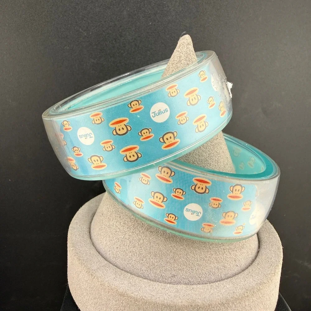 Vintage Paul Frank Bangle Bracelet Blue Julius Monkey Acrylic Set 7.5